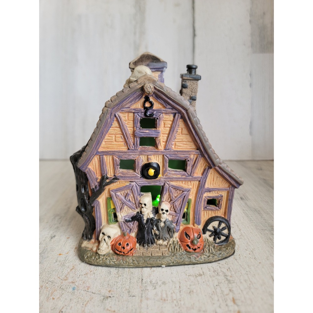Vintage ceramic skeleton barn haunted Halloween home light up unique decor